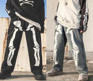Menwomen Graffiti Black Skeleton Jeans INS Knochendruck gerade Bein Denim Hosen Hip Hop Dad Hosen9647305