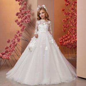 1st Communion Flower Applique Girl Ball Gown Toddler Infant Baby Kid Pageant Dress Cocktail Party Birthday Christening Ceremony Illusion Long Sleeves 3D Floral