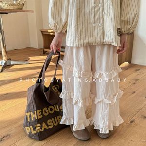 Children Loose Trousers 2024 Spring New Fashion Kids Girls Lace Wide Leg Cotton Toddler Solid Casual Pants Baby Clothes L2405 L2405