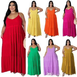 Summer Maxi Dresses Designer Stora Women Clothing Solid Color Sexig Suspender Tiered Long Doll Dress L-5XL 219E