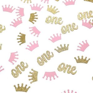 Banners streamers confetti glitter krona konfetti rosa och guld ett bord sprids för prinsessa flicka första födelsedag baby shower party dekorationer d240528