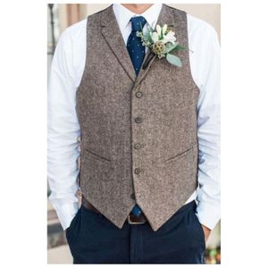 Dark Brown Groom Vests 2019 Wedding Wool Herringbone Tweed Groomsmen Vests Men's Suit Party Prom Farm Country Waistcoat Custom Mad 290K