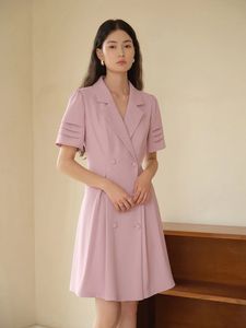 Dushu Suit Dress Women Women Black Twill Polyester Comprimento ajoelhado Saias de Aline Summer Summer Pink Purple Anded Collar 24DS82578 240528