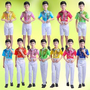 110-170cm 2PCs Children QERFORMANCE Latin Dance Costumes 7colors Boys Sequin Bow Tie T-shirt Trousers Shorts Girls Clothing Set 254G