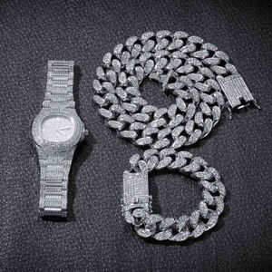 Watch Necklace Bracelet HipHop Curb Cuban Chain Gold Iced Out Miami Paved Rhinestones CZ Bling Rapper for Men Party Jewelry Gift X0509 267Z