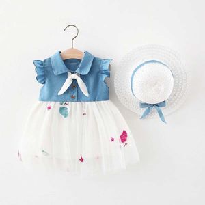 Flickans klänningar Ew Summer Baby Girl Dress Denim Star Moon Embroidery Mesh Splice Shirt Collar Liten Flying Sleeve Huveed Kne-Length Princess PA H240527 ZPZN