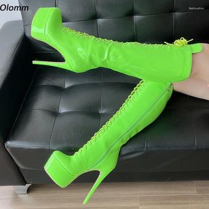 Boots Olomm Women Winter Platform Knee Patent Leather Stiletto Heels Round Toe Pretty Green Party Shoes Plus US Size 5-20