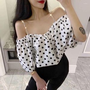 Women's Tanks Polka Dot Camis Top Women Sexy Off Shoulder Elegant Loose Korean Vest Summer Beach One-Shoulder Female Elastic Tank Tees