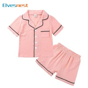 Solid Color Kids Pijama For Girl Cotton Linen Kort ärm Sleepwearpants 2 PCS Summer Childrens Clothing Sleepwear 3-7 år 240528