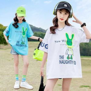 T-shirts Womens T-shirt 2024 Korean Summer School Girls Cotton Sports Shirt Barn och flickor Långt långa Loose T-shirt Youth Girls Letter Kort ärm T-shirt WX5.27