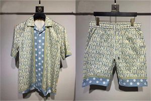 24SS Unisex Hawaiian Beach Tracksuit Set - Color Block Printed Shirt Shorts for Men and Women Asian Size M -3XL