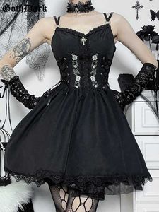 Urban Sexy Dresses Goth Dark Lolita Gothic Aesthetic Bandage Corset Dresses Grunge Style Black Embroidery Emo Dress Women A-line Party Alt Clothes z240528