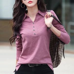 ハイファッションの女性秋の綿ボタンTシャツ韓国のハラジュクラペルオフィス長袖女性プラスサイズTOES TEESシャツ240528