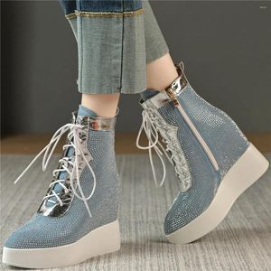 Boots Rhinestones Pumps Shoes Women Lace Up Cow Leather Wedges High Heel Ankle Female Pointed Toe Fashion Sneakers Casual