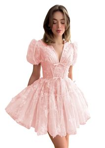 Short Homecoming Dresses Butterfly Appliques Short Sleeve Deep V-Neck Tulle Ball Gown Plus Size Cocktail Formal Occasion Cocktail Prom Party Graudation Gowns Hc32