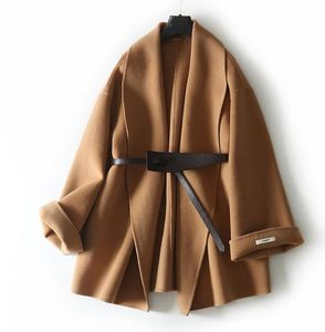 Dubblar Cashmere Coat Wool Kort litet läderbälte Hepburn5214819
