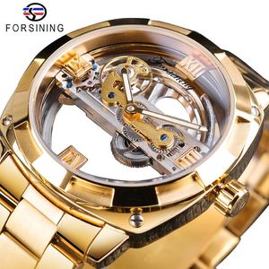 ForSining Transparent Golden Mechanical Watch Mens Steampunk Skeleton Automatic Gear Self Wind Rostfritt Steel Band Clock Montre 202e