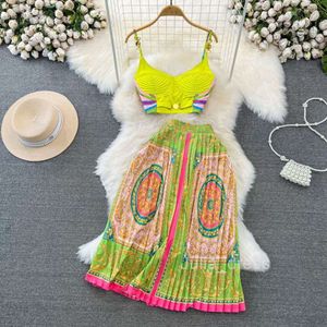 Seaside Vacation Fashion Set Strapless Camisole Two-Piece Set High Maist Slimming A-line tryckt veckad kjol