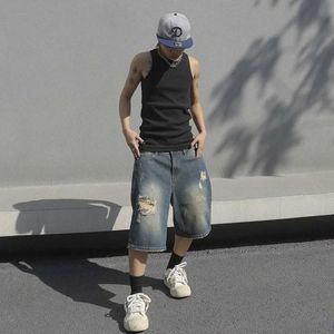 Herrbyxor män sommar väska stretchy denim shorts jeans för män streetwear rippade knä längd baggy komfort last casual shorts byxor jean j240527