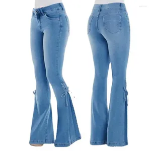 Kvinnors jeans kvinnors mode smala fit denim byxor klocka botten mitten midja bootleg stretch flare byxor bred ben rippad