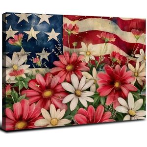 4 juli Canvas Wall Art - American Flag Patriotic Stars Flowers Wall Decor Sträckt inramade konstverk redo att hänga för vardagsrummet sovrumskök