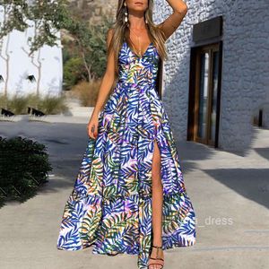 2024 Sommer Womens Kleid V-Ausschnitt Hanges Gurt gedrucktes Blatt Strand Urlaub geteiltes langes Kleid