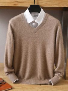 Erkek Sweaters Mvlyflet 2024 Yeni Erkek% 100 Mink Cashmere Sweater V-Neck Sakiller Örgü Büyük Boyut Kış Yeni Üstler Uzun Kollu Yüksek End Jumpers Q240527