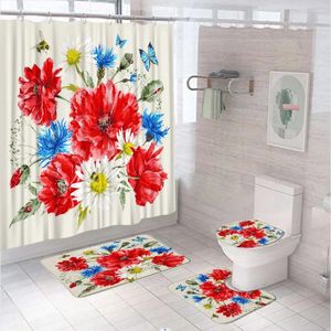 Shower Curtains Watercolor Floral Bathroom Set With Curtain Rug Bath Mat Toilet Lid Cover Butterflies Bees Flowers Daisies