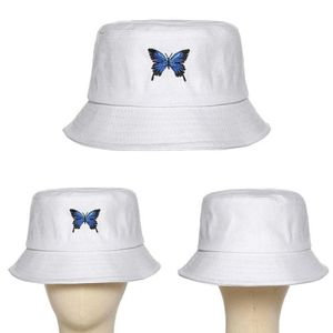 Panama with Butterfly Canvas Bucket Hat White Butterfly Embroidery Double-sided Wearable Basin Caps Outdoor Travel Visor Hat 301C