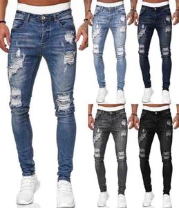 Mens modehål rippade jeansbyxor Casual män Skinny Jean Högkvalitativ tvättad vintage blyertsbyxor 5 COLA -storlek S3XL8970480