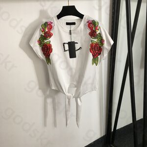 Sexy Rose Printing Crop Tops Women Fashion Short Sleeved T Shirt Classic Lacing Thin Blouse