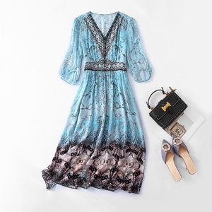 2024 Summer Blue Contrast Color Panel Dress 1/2 Half Sleeve V-Neck Silk Midi Casual Dresses C4A2390293