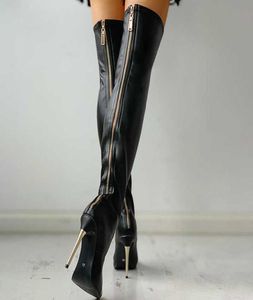 黒いセクシーな女性ハイヒールブーツ膝の上の女性ブーツ女性ファッションシューズ女性太もものハイブーツ12cmプラスサイズ43 2109112981218