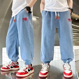 Trousers Summer Fashion Jeans Boys Thin Loose Breathable Chinese Embroidered Casual Denim Ankle-Tied Trousers Kids Fashion Bottoms 6-15y Y240527