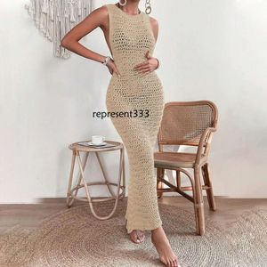 dresses 2023 Beach Hollow Knitted Long with Hanging Strap Open Back Sexy Dress