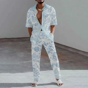 Herrspårar 2023 Fashion 3D Tryck Två stycken Set Men Summer Short Sleeve Lapel Shirts Top and Pants Casual Suit Streetwear Mens Outfit Q240527