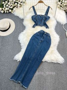 Fashion set womens American style strapless camisole two-piece set high waisted slimming denim split skirt for summer