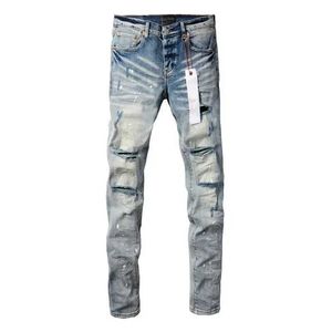 Men's Jeans Purple Roca brand jeans street blue torn unsettling fashion high-quality repair low rise tight fitting denim trouser pants J240527
