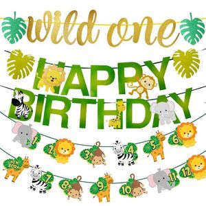 Banners Streamers Confetti Jungle Birthday Party Decor Animal Bunting Banner Garland Safari Wild One 1 Year Baby Happy Birthday Decoration Party Supplies d240528