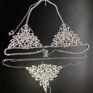 New Sexy Chain Bra Body Jewelry Crystal Bikini Set Beach Lingerie Outfit Harness Bling Thong for Women Holiday T200508 305A