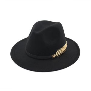 Fedora Hat Men For Woman Woolen Top British Style Gold Leaf Feather Jazz Goth Hats Designer Wedding Wide Brim 271s