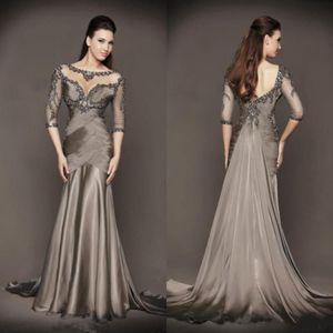 Designer Gray Mermaid Mother of the Bride Dresses 3 4 Long Sleeve Lace Appliqued Beads Gleats Wedding Gästklänningar 328C