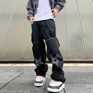 Calças masculinas 2023 Y2K Street Retro Raw Edge Star Jeans folgados para homens Moda Hip Hop Pattern Women Patchwork High Wistion calça jeans j240527