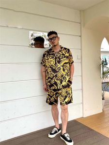 24SS Unisex Hawaiian Beach Tracksuit Set - Color Block Printed Shirt Shorts for Men and Women Asian Size M -3XL A16