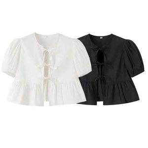 Women's Blouses Shirts TRAF white crop top womens black pleated short sleeved fluffy top womens bow summer top womens 2024 pleated cute top J240527