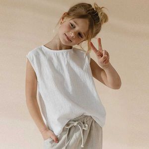 Tank Top Childrens Linen Sleeveless Tank Top Summer New Boys And Girls Casual Loose Round Neck Solid Color Lightweight Breathable Tops Y240527