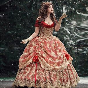 Gotisk röd guld boll klänning prom klänning 2021off axel medeltida viktoriansk quinceanera klänning korsett renässans kvällsklänningar anpassade285c