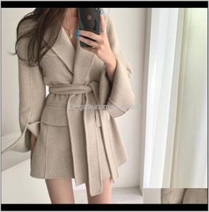 Wool Blends Outerwear Coats Clothing Apparel Womens Solid Color Coat Fall Winter Korean Chic Elegant Belt Flare Sleeve Thi9003861