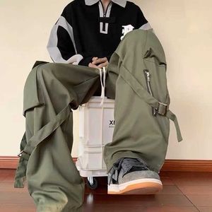 Trousers Green cargo pants mens oversized zipper black cargo Trousers mens street clothing hip-hop pockets loose casual work clothes Y240527