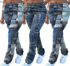 Spring Women Fashion Pants tryckt dragstång Högen upp Stacks Leggings Casual Jeans Trend Pile of Pants8142242